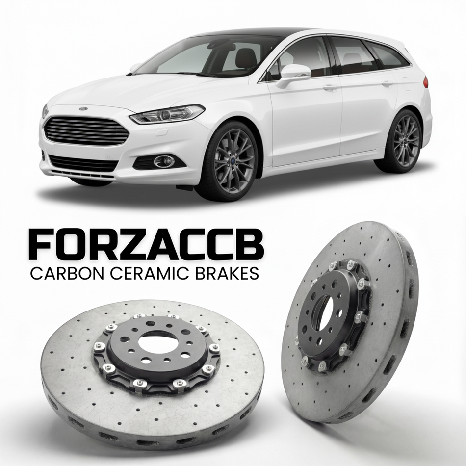 ForzaCCB direct OEM replacement carbon ceramic brake rotors for 2014 to 2018 Ford Mondeo IV Hatchback models, shown with a white Ford Mondeo car.