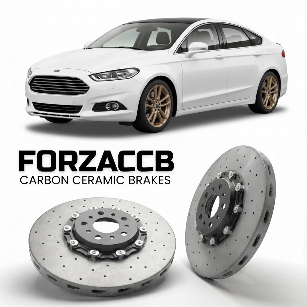 ForzaCCB direct OEM replacement carbon ceramic brake rotors for 2014 to 2018 Ford Mondeo IV Sedan models, shown with a white Ford Mondeo car.