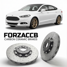 ForzaCCB direct OEM replacement carbon ceramic brake rotors for 2014 to 2018 Ford Mondeo IV Sedan models, shown with a white Ford Mondeo car.