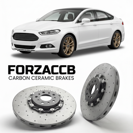 ForzaCCB direct OEM replacement carbon ceramic brake rotors for 2014 to 2018 Ford Mondeo IV Sedan models, shown with a white Ford Mondeo car.
