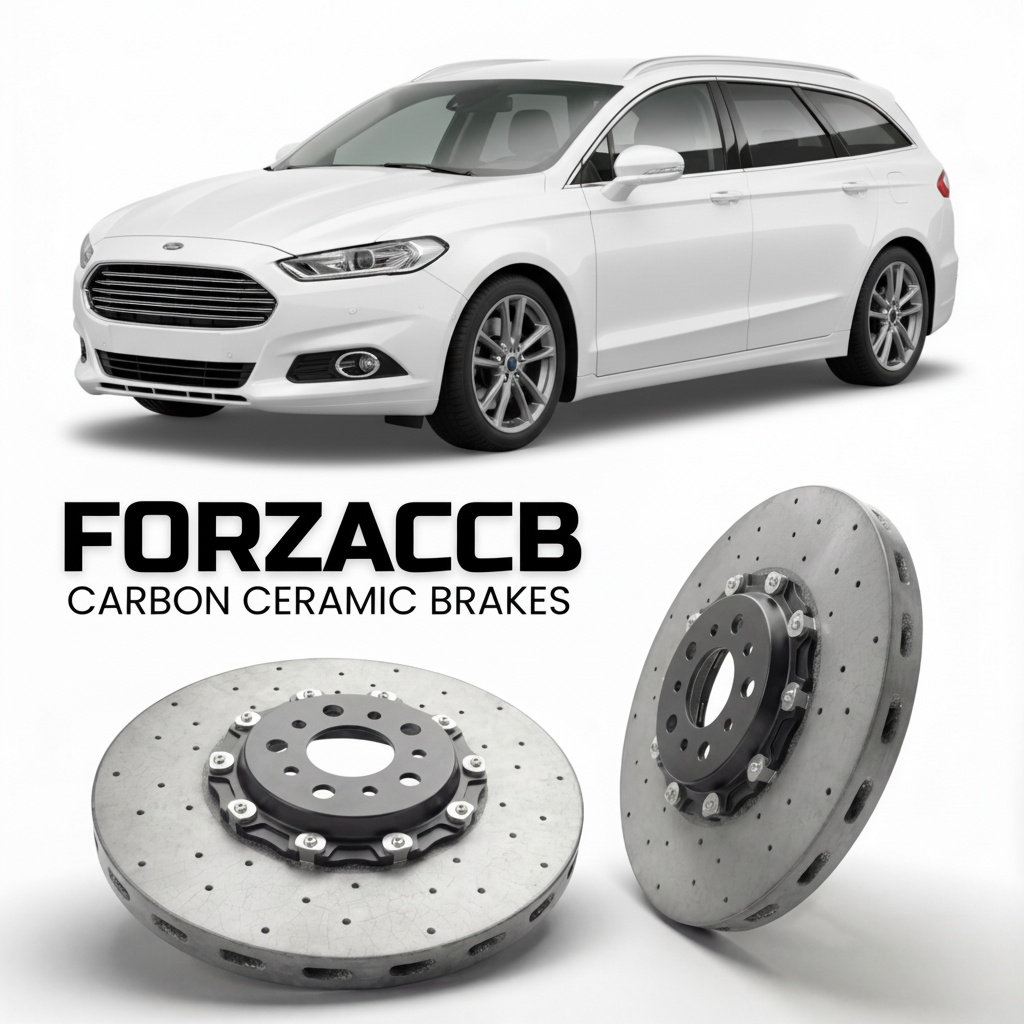 ForzaCCB direct OEM replacement carbon ceramic brake rotors for 2014 to 2018 Ford Mondeo IV Wagon models, shown with a white Ford Mondeo car.