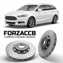 ForzaCCB direct OEM replacement carbon ceramic brake rotors for 2014 to 2018 Ford Mondeo IV Wagon models, shown with a white Ford Mondeo car.
