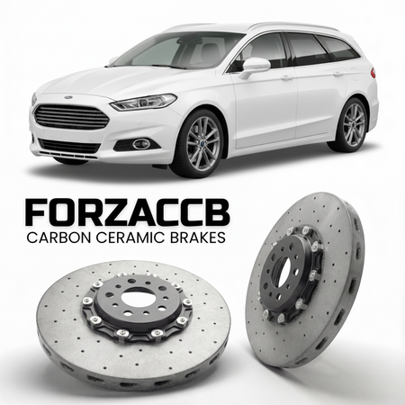 ForzaCCB direct OEM replacement carbon ceramic brake rotors for 2014 to 2018 Ford Mondeo IV Wagon models, shown with a white Ford Mondeo car.