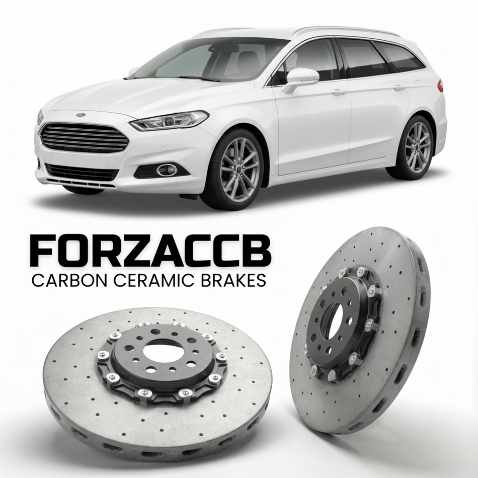 ForzaCCB direct OEM replacement carbon ceramic brake rotors for 2014 to 2018 Ford Mondeo IV Wagon models, shown with a white Ford Mondeo car.