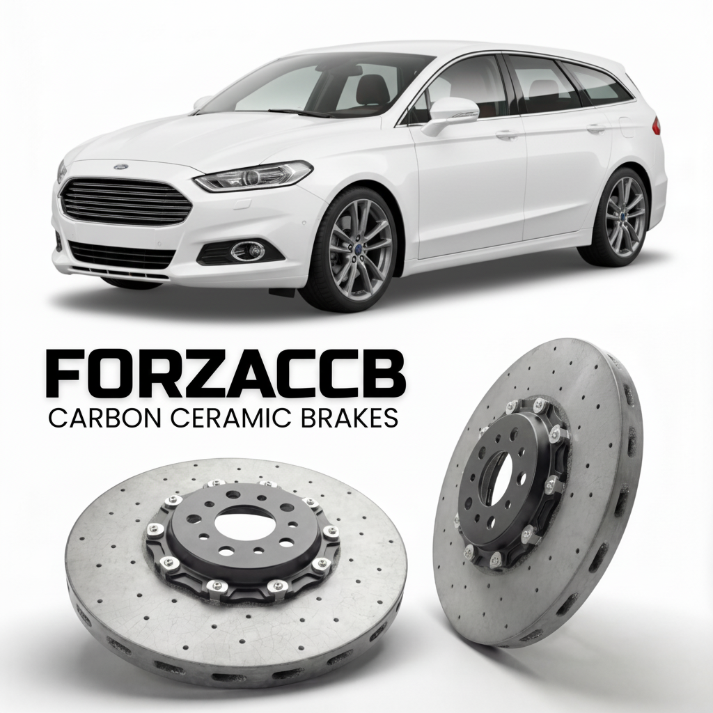 ForzaCCB direct OEM replacement carbon ceramic brake rotors for 2019-2021) Ford Mondeo IV Hatchback (facelift 2019 models, shown with a white Ford Mondeo car.
