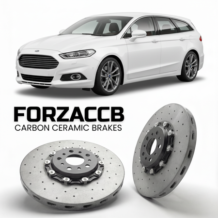 ForzaCCB direct OEM replacement carbon ceramic brake rotors for 2019-2021) Ford Mondeo IV Hatchback (facelift 2019 models, shown with a white Ford Mondeo car.