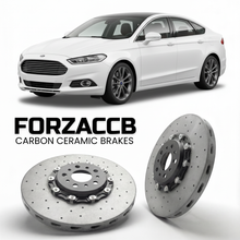 ForzaCCB direct OEM replacement carbon ceramic brake rotors for 2019-2022) Ford Mondeo IV Sedan (facelift 2019 models, shown with a white Ford Mondeo car.