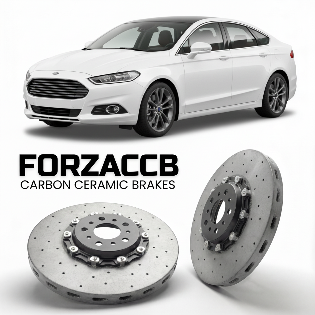 ForzaCCB direct OEM replacement carbon ceramic brake rotors for 2019-2022) Ford Mondeo IV Sedan (facelift 2019 models, shown with a white Ford Mondeo car.