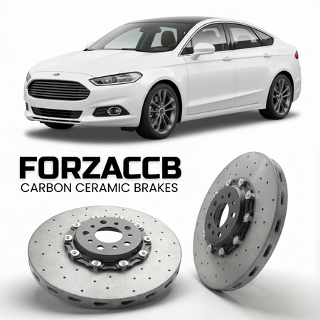 ForzaCCB direct OEM replacement carbon ceramic brake rotors for 2019-2022) Ford Mondeo IV Sedan (facelift 2019 models, shown with a white Ford Mondeo car.