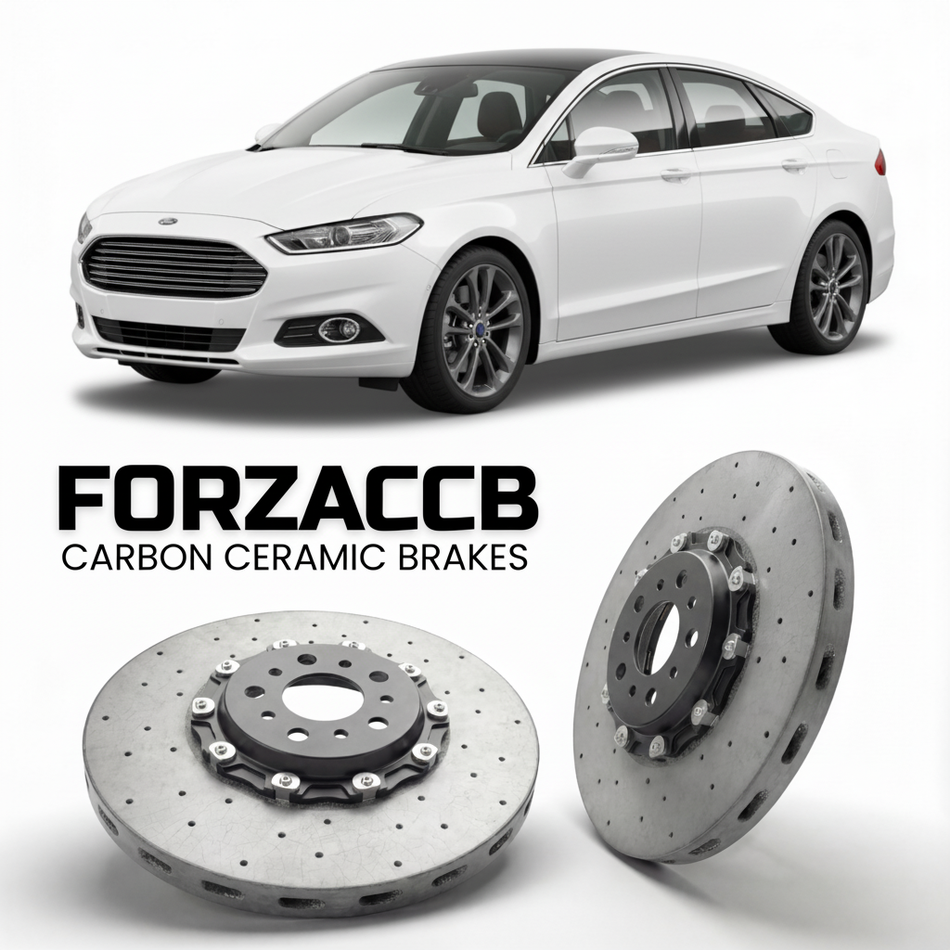 ForzaCCB direct OEM replacement carbon ceramic brake rotors for 2019-2022) Ford Mondeo IV Sedan (facelift 2019 models, shown with a white Ford Mondeo car.