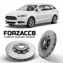 ForzaCCB direct OEM replacement carbon ceramic brake rotors for 2019-2022) Ford Mondeo IV Wagon (facelift 2019 models, shown with a white Ford Mondeo car.