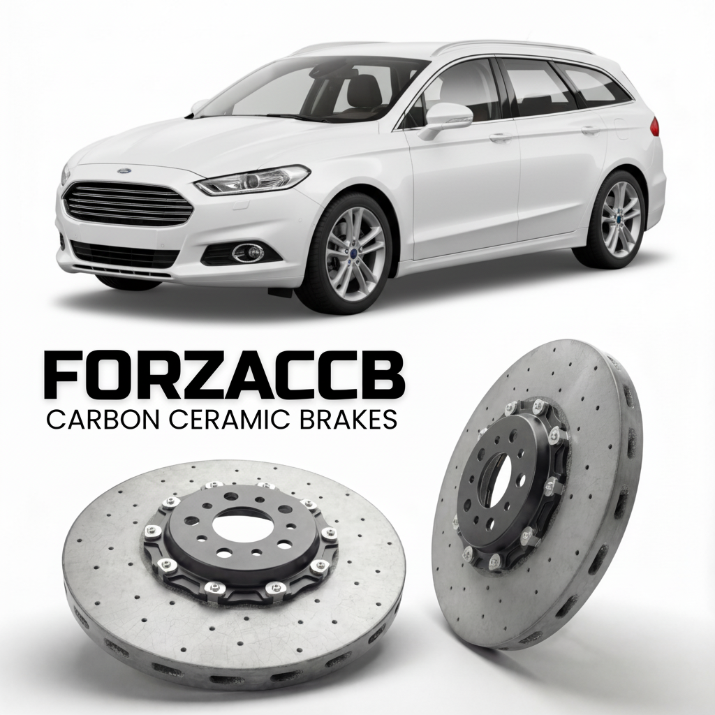 ForzaCCB direct OEM replacement carbon ceramic brake rotors for 2019-2022) Ford Mondeo IV Wagon (facelift 2019 models, shown with a white Ford Mondeo car.