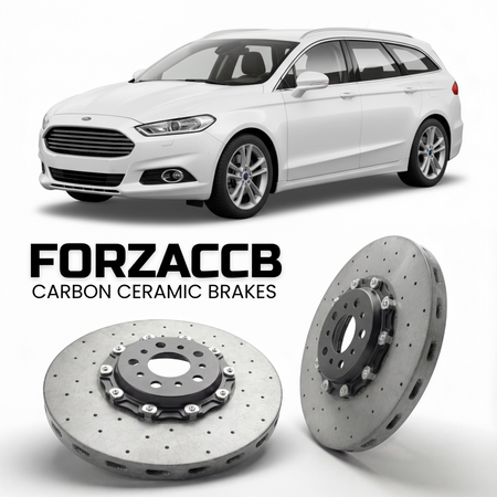 ForzaCCB direct OEM replacement carbon ceramic brake rotors for 2019-2022) Ford Mondeo IV Wagon (facelift 2019 models, shown with a white Ford Mondeo car.