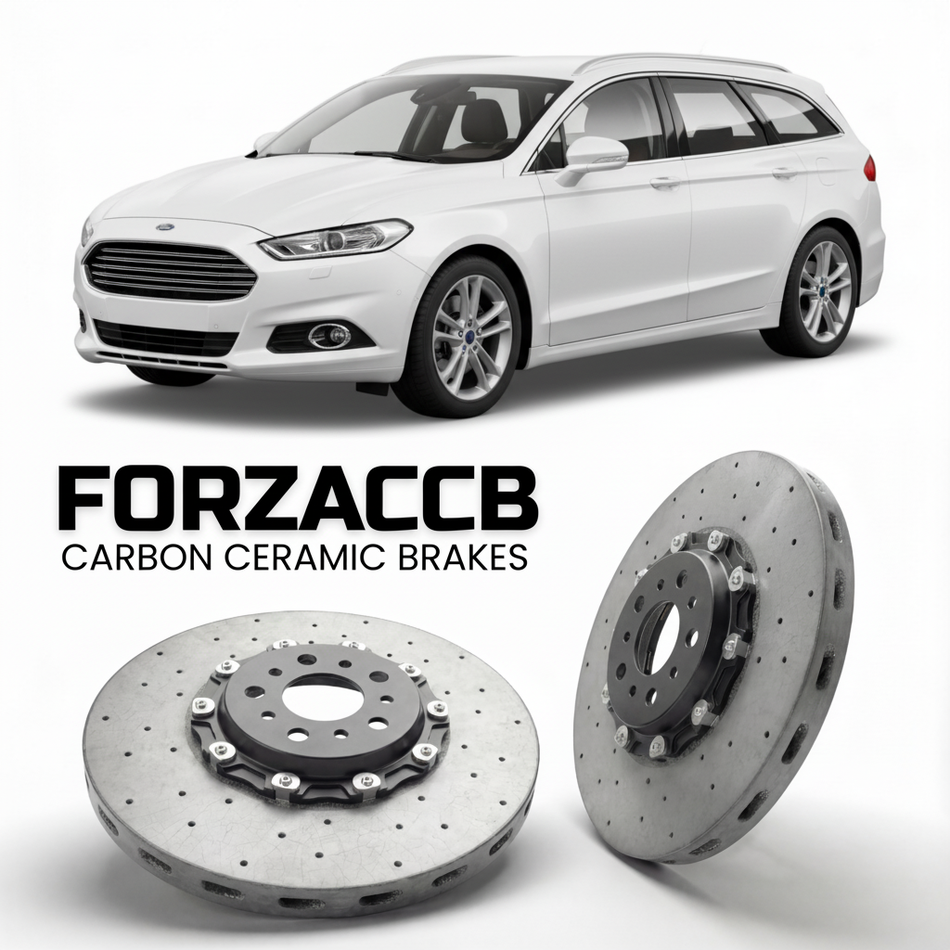 ForzaCCB direct OEM replacement carbon ceramic brake rotors for 2019-2022) Ford Mondeo IV Wagon (facelift 2019 models, shown with a white Ford Mondeo car.