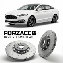 ForzaCCB direct OEM replacement carbon ceramic brake rotors for 2022 and newer Ford Mondeo V Sedan models, shown with a white Ford Mondeo car.