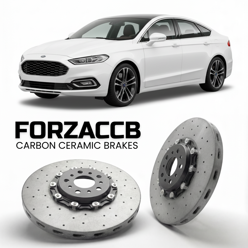 ForzaCCB direct OEM replacement carbon ceramic brake rotors for 2022 and newer Ford Mondeo V Sedan models, shown with a white Ford Mondeo car.