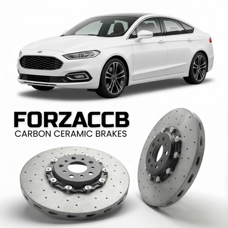 ForzaCCB direct OEM replacement carbon ceramic brake rotors for 2022 and newer Ford Mondeo V Sedan models, shown with a white Ford Mondeo car.
