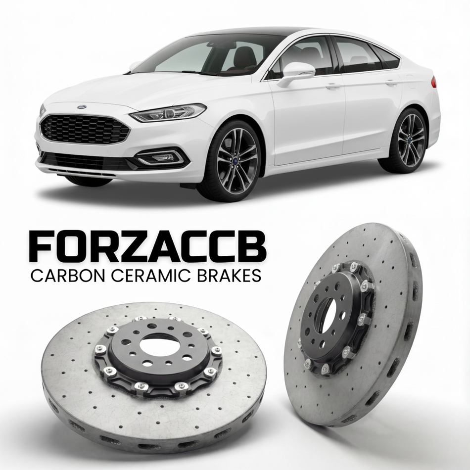 ForzaCCB direct OEM replacement carbon ceramic brake rotors for 2022 and newer Ford Mondeo V Sedan models, shown with a white Ford Mondeo car.