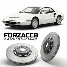 ForzaCCB direct OEM replacement carbon ceramic brake rotors for 1980 to 1981 Ferrari Mondial 8 models, shown with a white Ferrari Mondial 8 car.