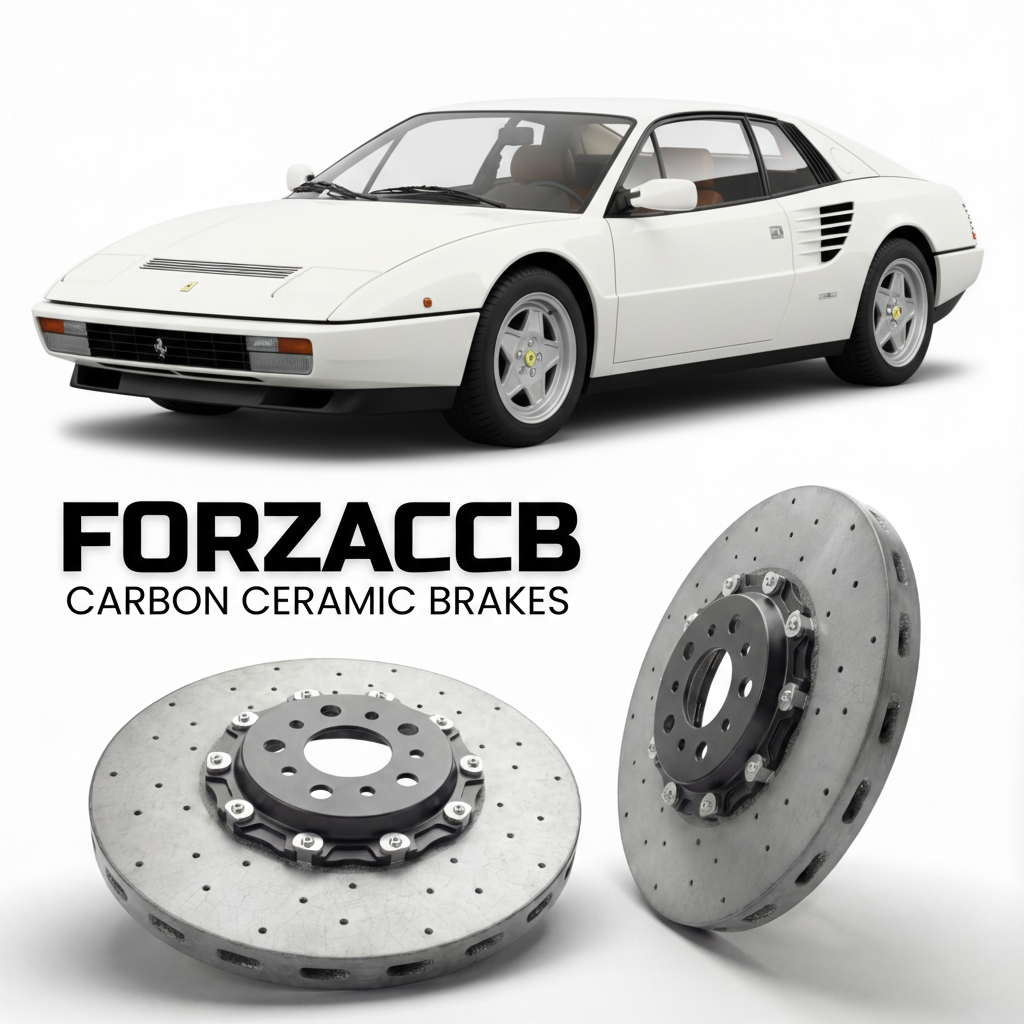 ForzaCCB direct OEM replacement carbon ceramic brake rotors for 1980 to 1981 Ferrari Mondial 8 models, shown with a white Ferrari Mondial 8 car.