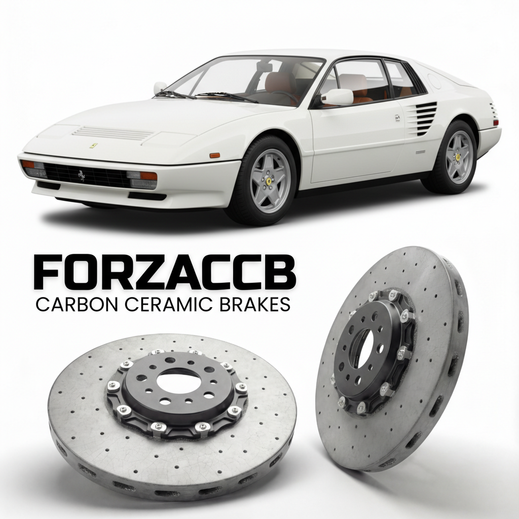 ForzaCCB direct OEM replacement carbon ceramic brake rotors for 1982 to 1985 Ferrari Mondial Quattrovalvole models, shown with a white Ferrari Mondial Quattrovalvole car.