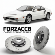 ForzaCCB direct OEM replacement carbon ceramic brake rotors for 1989 to 1993 Ferrari Mondial T models, shown with a white Ferrari Mondial T car.
