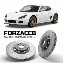 ForzaCCB direct OEM replacement carbon ceramic brake rotors for 2011 to 2016 BAC Mono models, shown with a white BAC Mono car.
