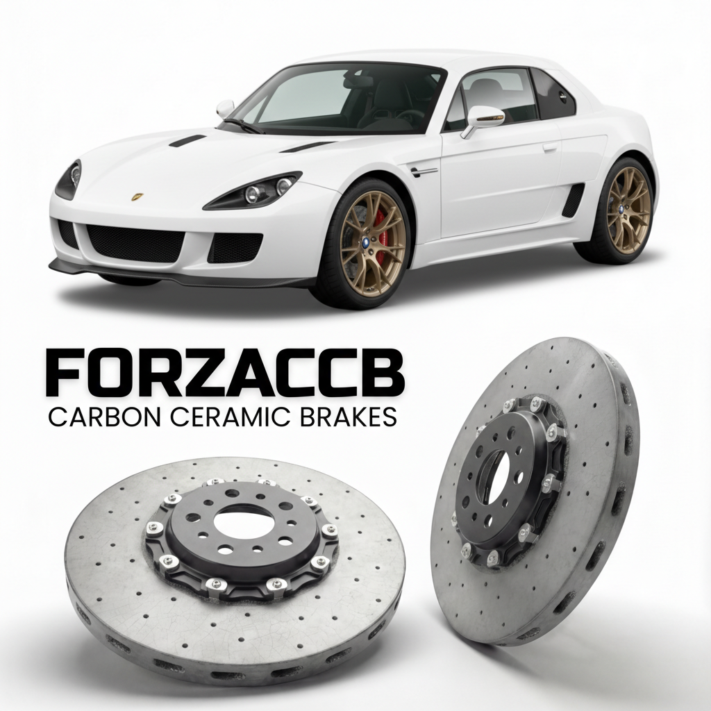 ForzaCCB direct OEM replacement carbon ceramic brake rotors for 2011 to 2016 BAC Mono models, shown with a white BAC Mono car.