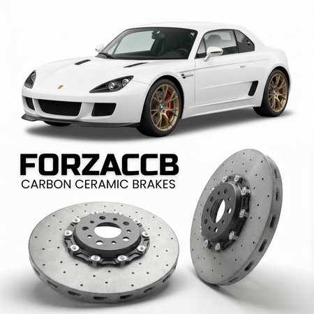 ForzaCCB direct OEM replacement carbon ceramic brake rotors for 2011 to 2016 BAC Mono models, shown with a white BAC Mono car.