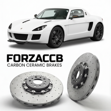ForzaCCB direct OEM replacement carbon ceramic brake rotors for 2016 to 2020 BAC Mono models, shown with a white BAC Mono car.