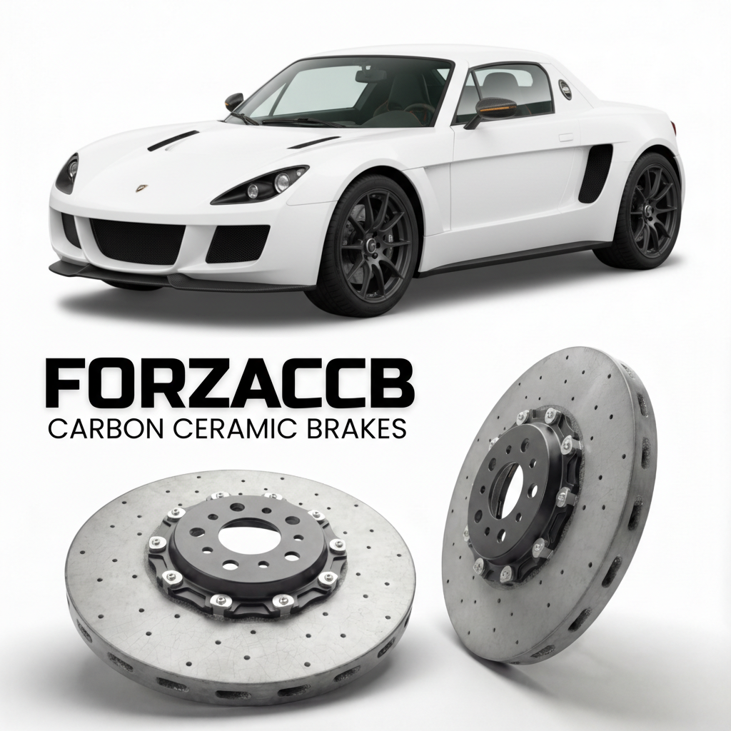 ForzaCCB direct OEM replacement carbon ceramic brake rotors for 2016 to 2020 BAC Mono models, shown with a white BAC Mono car.