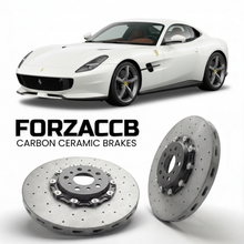 ForzaCCB direct OEM replacement carbon ceramic brake rotors for 2019 to 2022 Ferrari Monza SP1 models, shown with a white Ferrari Monza SP1 car.