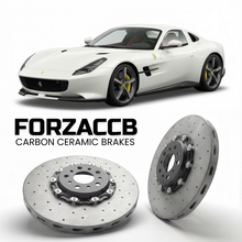 ForzaCCB direct OEM replacement carbon ceramic brake rotors for 2019 to 2022 Ferrari Monza SP2 models, shown with a white Ferrari Monza SP2 car.