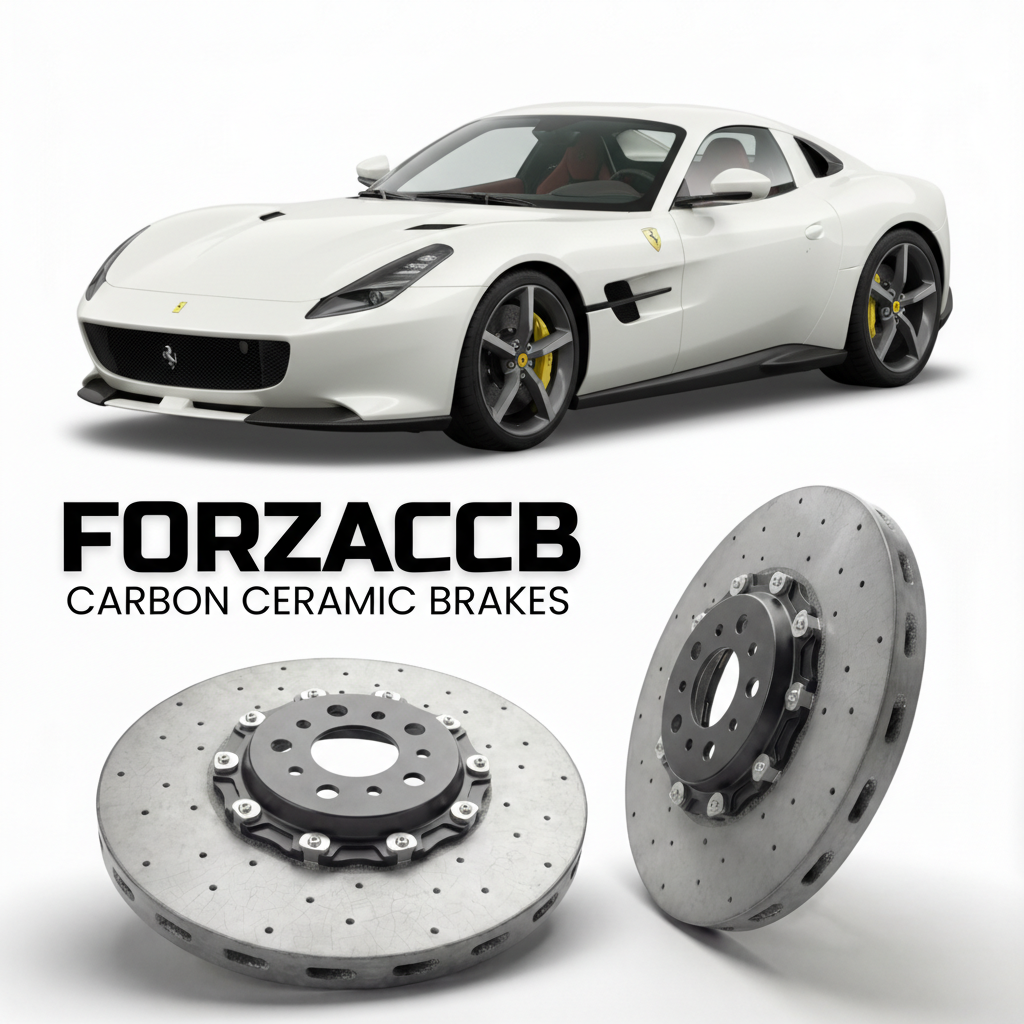 ForzaCCB direct OEM replacement carbon ceramic brake rotors for 2019 to 2022 Ferrari Monza SP2 models, shown with a white Ferrari Monza SP2 car.