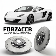 ForzaCCB direct OEM replacement carbon ceramic brake rotors for 2011 to 2014 McLaren MP4-12C P11 models, shown with a white McLaren MP4-12C car.