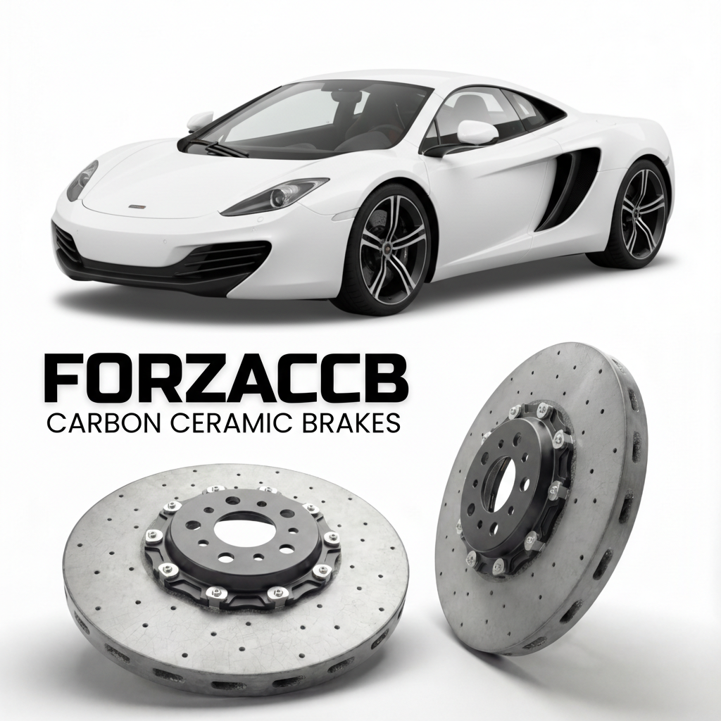 ForzaCCB direct OEM replacement carbon ceramic brake rotors for 2011 to 2014 McLaren MP4-12C P11 models, shown with a white McLaren MP4-12C car.