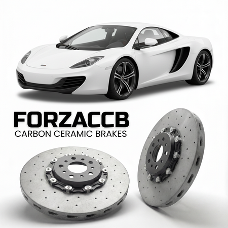 ForzaCCB direct OEM replacement carbon ceramic brake rotors for 2011 to 2014 McLaren MP4-12C P11 models, shown with a white McLaren MP4-12C car.