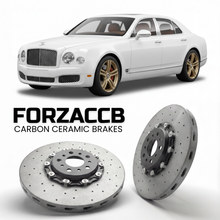ForzaCCB direct OEM replacement carbon ceramic brake rotors for 2010 to 2016 Bentley Mulsanne II models, shown with a white Bentley Mulsanne car.