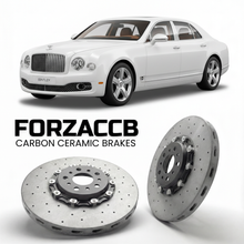 ForzaCCB direct OEM replacement carbon ceramic brake rotors for 2016 to 2020 Bentley Mulsanne EWB models, shown with a white Bentley Mulsanne car.