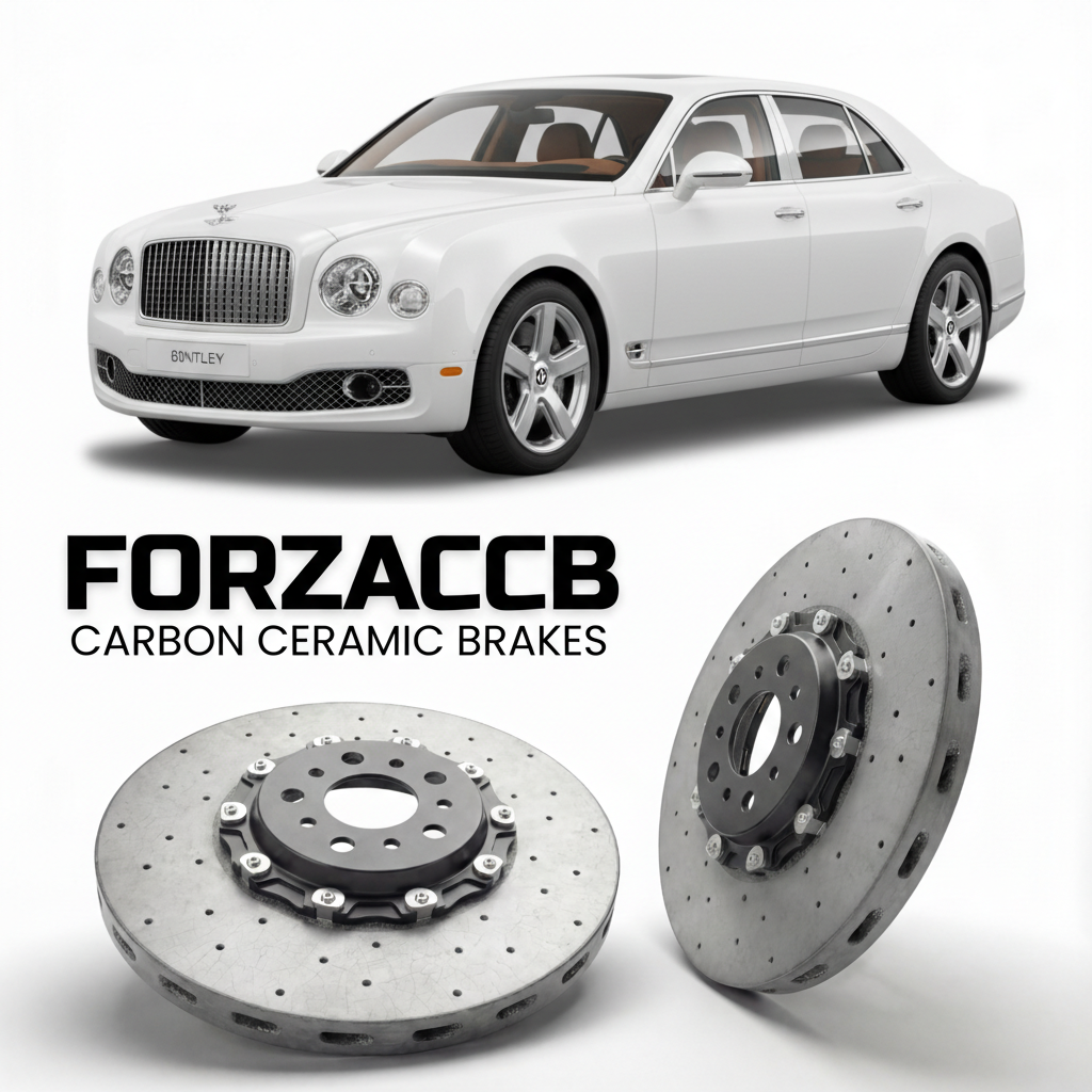 ForzaCCB direct OEM replacement carbon ceramic brake rotors for 2016 to 2020 Bentley Mulsanne EWB models, shown with a white Bentley Mulsanne car.
