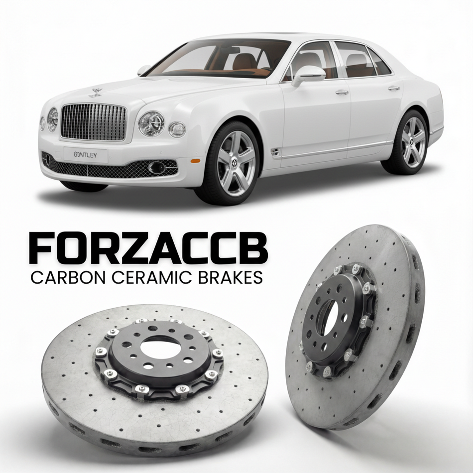 ForzaCCB direct OEM replacement carbon ceramic brake rotors for 2016 to 2020 Bentley Mulsanne EWB models, shown with a white Bentley Mulsanne car.