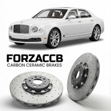 ForzaCCB direct OEM replacement carbon ceramic brake rotors for 2016-2020) Bentley Mulsanne II (Facelift 2016 models, shown with a white Bentley Mulsanne car.