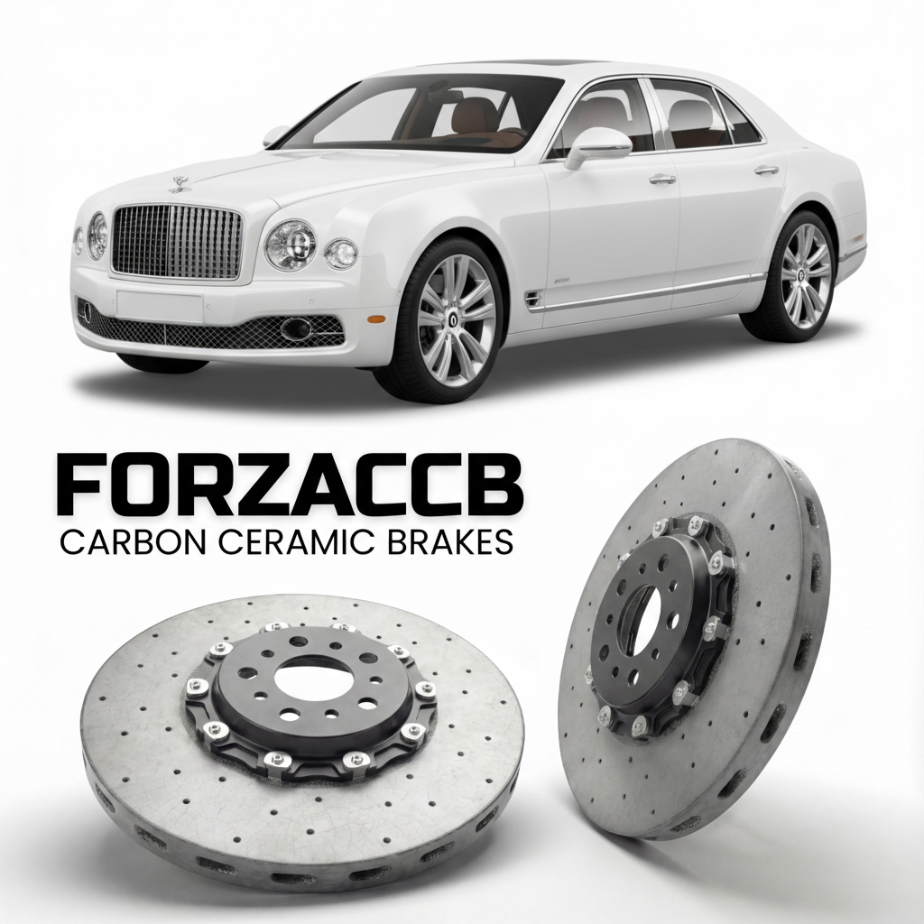 ForzaCCB direct OEM replacement carbon ceramic brake rotors for 2016-2020) Bentley Mulsanne II (Facelift 2016 models, shown with a white Bentley Mulsanne car.