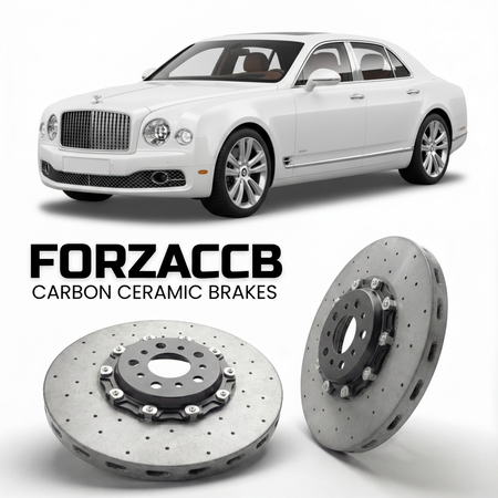 ForzaCCB direct OEM replacement carbon ceramic brake rotors for 2016-2020) Bentley Mulsanne II (Facelift 2016 models, shown with a white Bentley Mulsanne car.