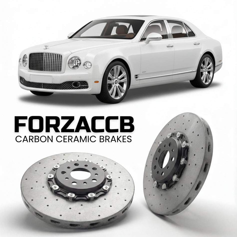 ForzaCCB direct OEM replacement carbon ceramic brake rotors for 2016-2020) Bentley Mulsanne II (Facelift 2016 models, shown with a white Bentley Mulsanne car.