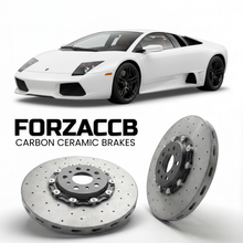 ForzaCCB direct OEM replacement carbon ceramic brake rotors for 2001 to 2006 Lamborghini Murcielago 6.2 models, shown with a white Lamborghini Murcielago 6.2 car.