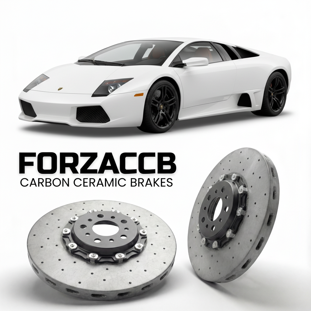 ForzaCCB direct OEM replacement carbon ceramic brake rotors for 2001 to 2006 Lamborghini Murcielago 6.2 models, shown with a white Lamborghini Murcielago 6.2 car.