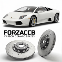 ForzaCCB direct OEM replacement carbon ceramic brake rotors for 2006 to 2010 Lamborghini Murcielago LP640 models, shown with a white Lamborghini Murcielago LP640 car.