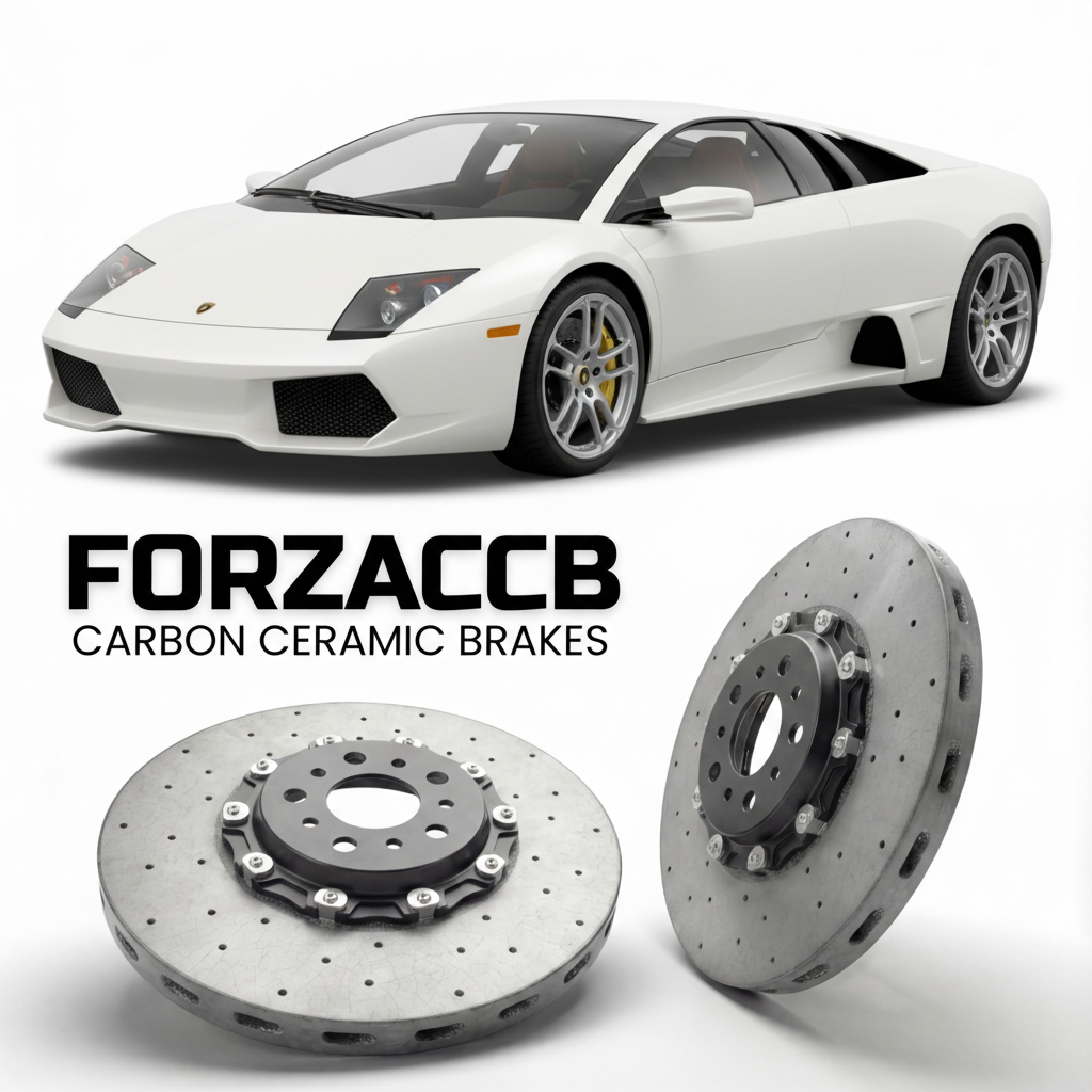 ForzaCCB direct OEM replacement carbon ceramic brake rotors for 2006 to 2010 Lamborghini Murcielago LP640 models, shown with a white Lamborghini Murcielago LP640 car.