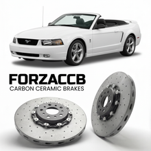 ForzaCCB direct OEM replacement carbon ceramic brake rotors for 2005 to 2005 Ford Mustang Convertible IV models, shown with a white Ford Mustang car.